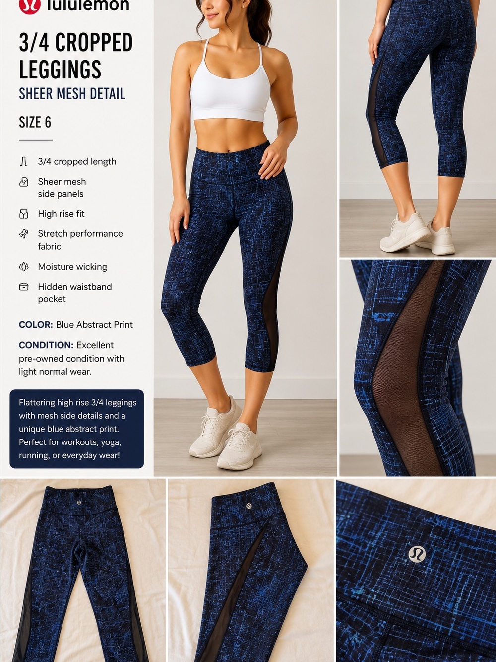 lululemon athletica Blue Abstract Print 3/4 Cropped Leggings with Sheer Mesh